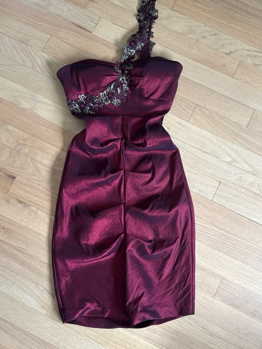 Xscape One-Shoulder Wine Red Cocktail Dress with Beaded Floral Strap